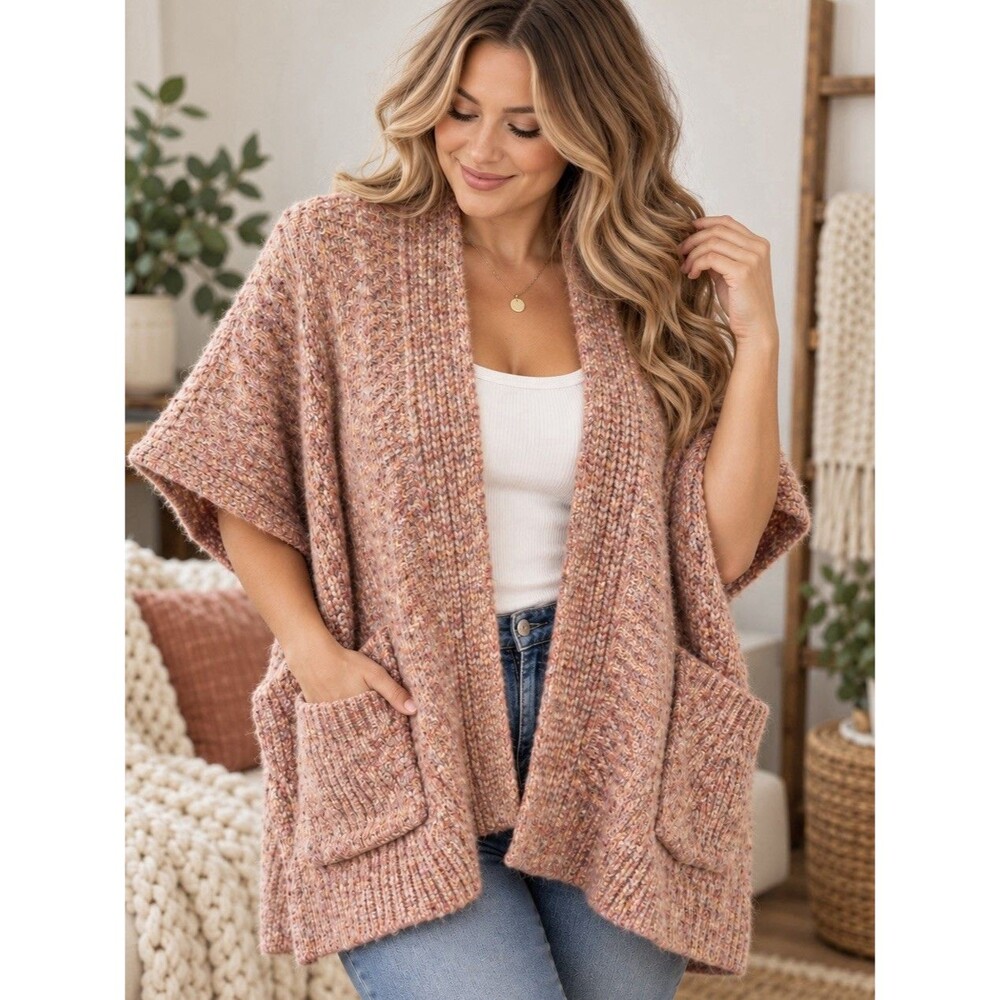 UNIVERSAL THREAD Pink Chunky Knit Ruana Cardigan Sweater Pockets Boho One Size
